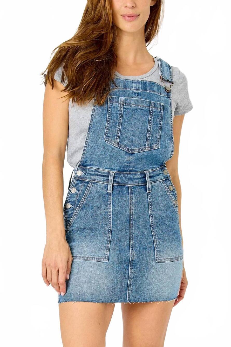 NEW JUDY BLUE women's dottie raw hem overall skirt in blue